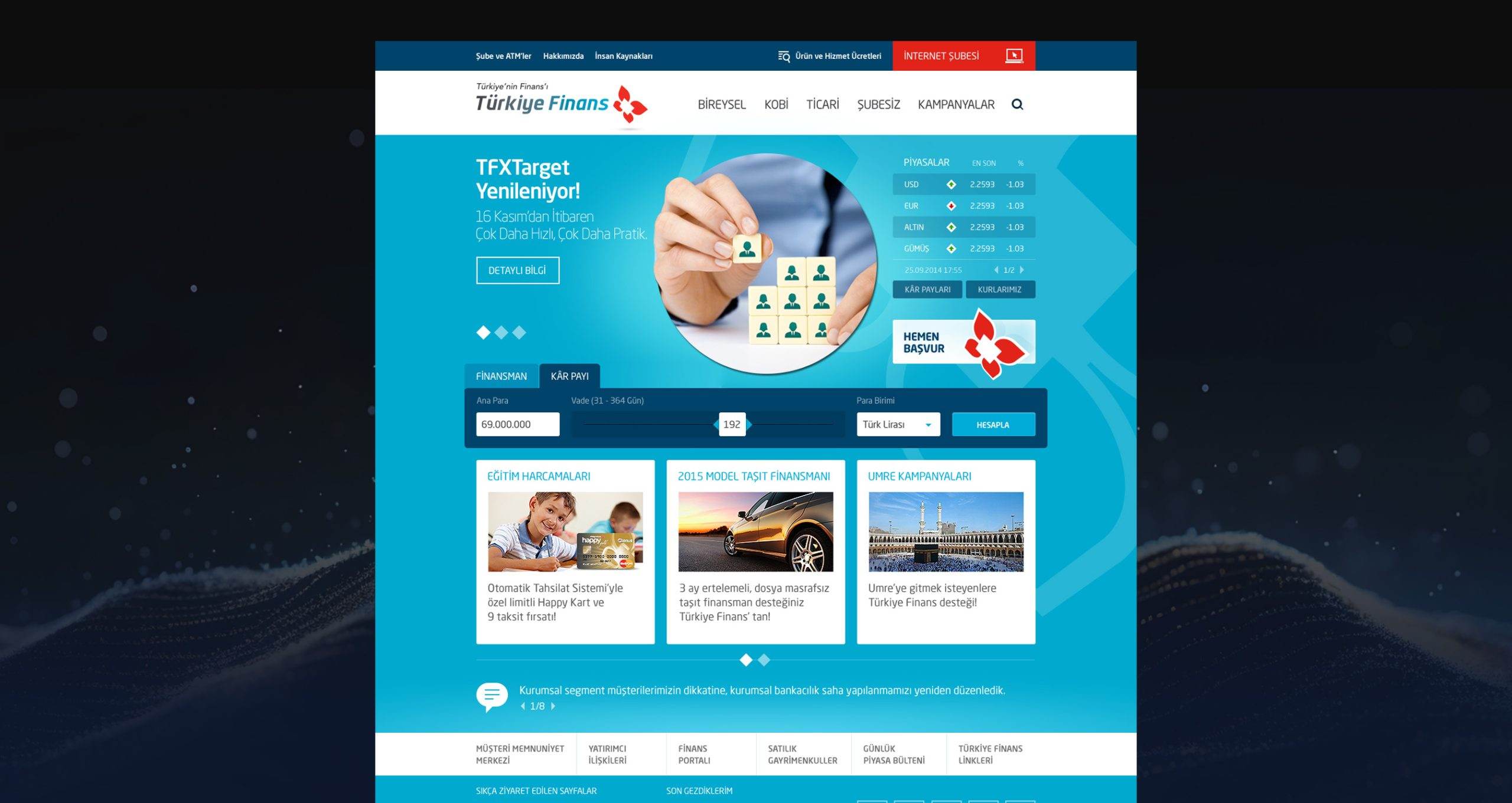 Türkiye Finans homepage: a blue layout with a TFXTarget campaign hero, rate tables and product cards.